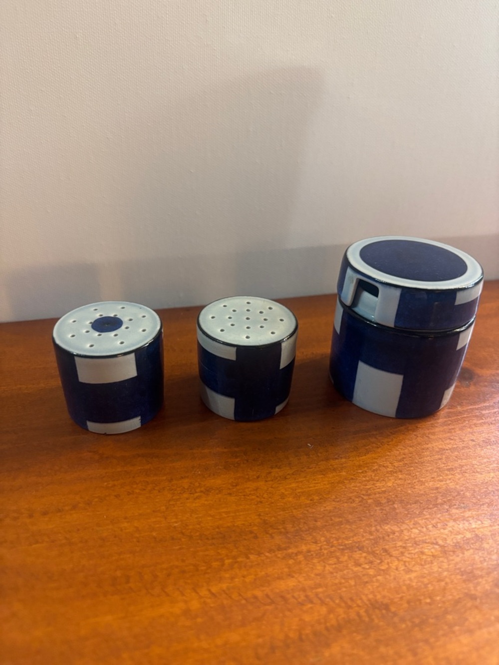 Blue and White Denmark Royal Coppenhagen Salt and Pepper with Mustard Container
